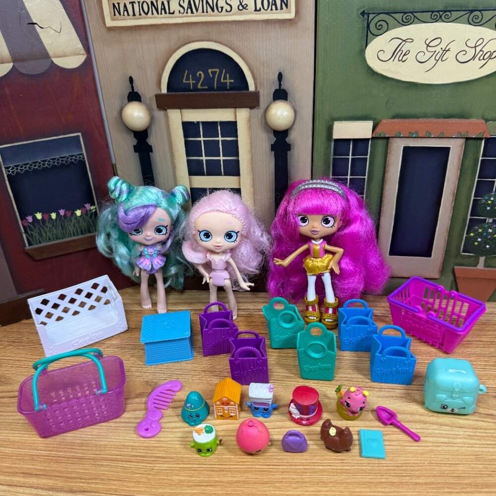 Lot of 3 Shopkins Dolls Shopping Baskets and Accessories